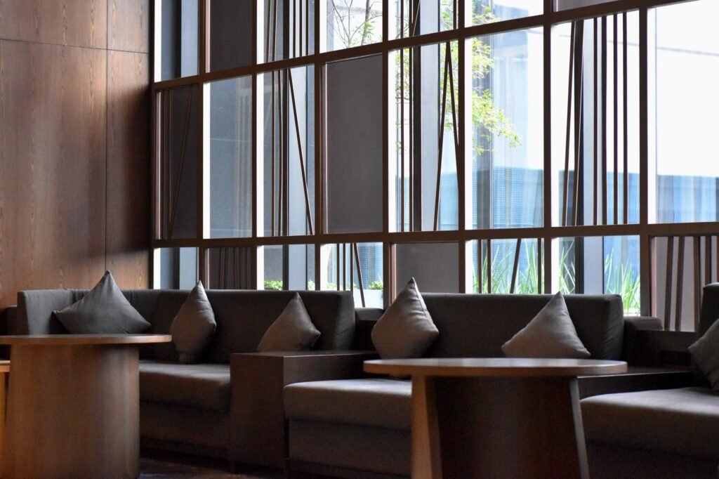 Quiet hotel lounge with soft afternoon light