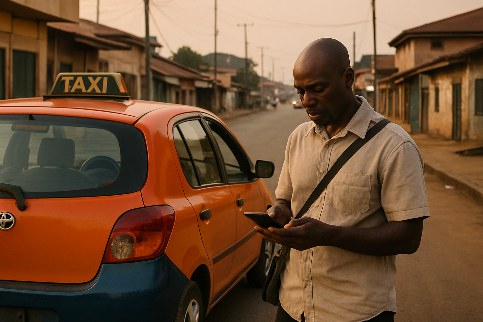Visitor checking transport directions beside a taxi in Obuasi
