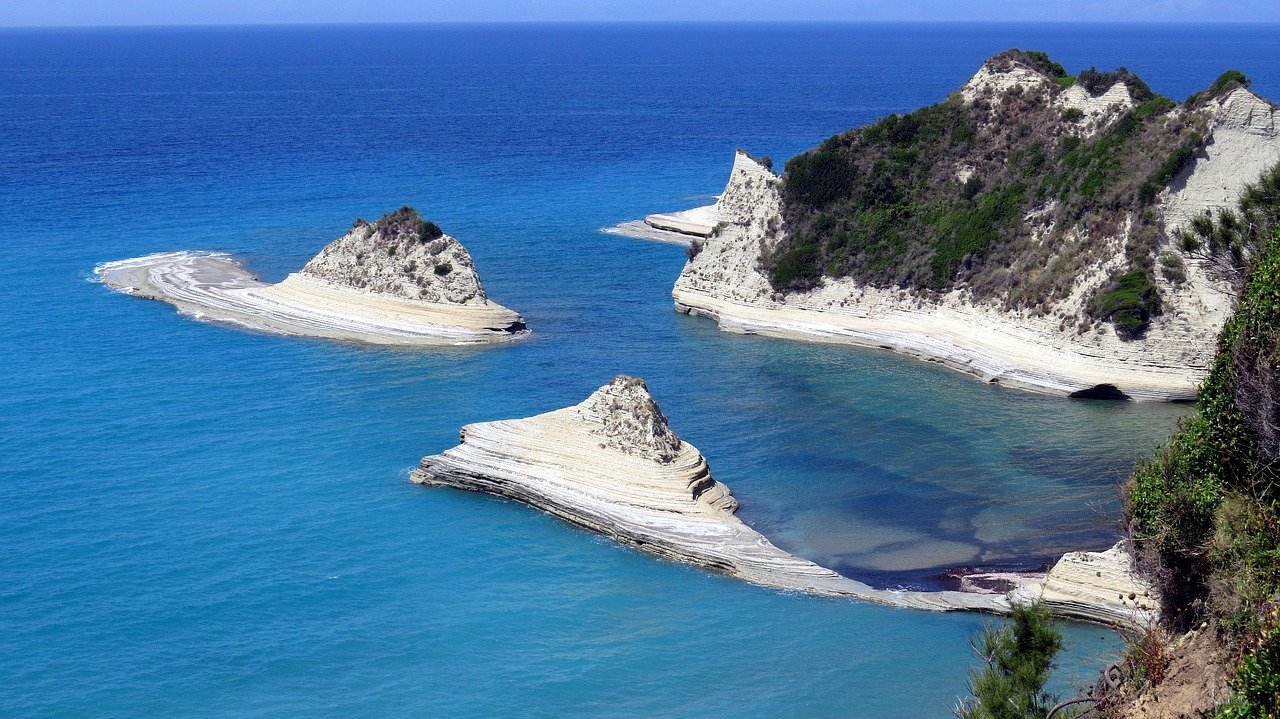 cove, beach, rock, turquoise, corfu, sea, limestone, blue, island, greece, ocean, cliff, tourism, holiday, the coast, mediter