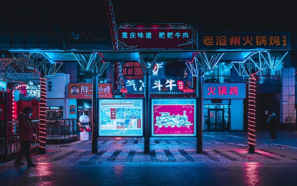 cyberpunk, street, city, platform, lights, signage, stores, shops, night, evening, urban, night view, cyberpunk, cyberpunk, c