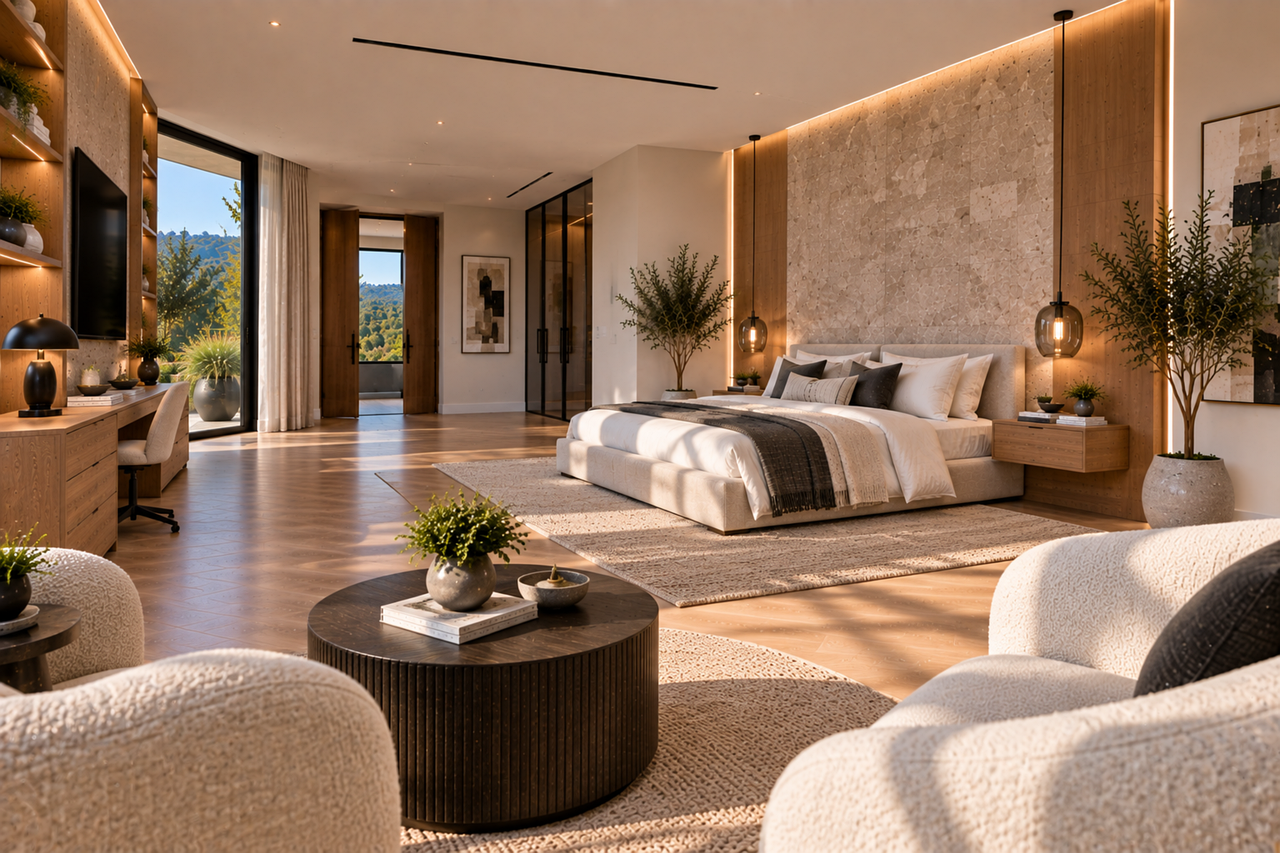 luxury bedroom, modern furniture, natural light, bedroom suite, corner glazing, luxury interior, limestone wall, lounge chair