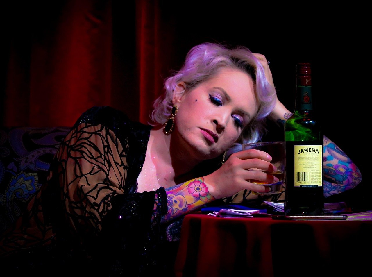 people, portrait, adult, drink, woman, alcohol, bar, nightlife, dark, party, bottle, jameson, whiskey, alcoholic, table, tatt