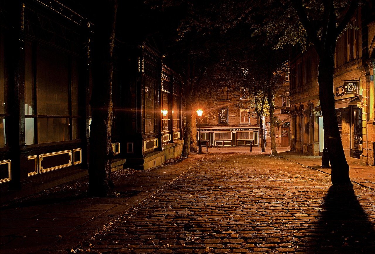 alley, street, night, evening, city, urban, town, street lamps, street lights, cobblestones, dark, england, street, street, n