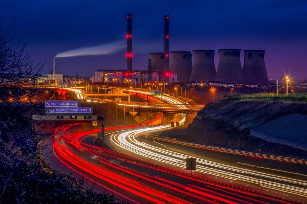 ferrybridge, power station, light trails, motorway, taillights, yorkshire, cooling towers, traffic, highway, speed, night, ro