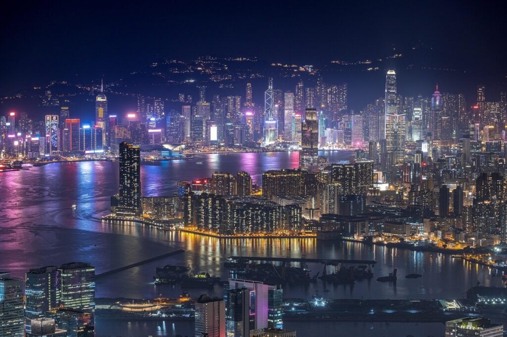 skyscrapers, buildings, harbor, skyline, night view, night, city, victoria harbour, hong kong, cityscape, travel, city, city,