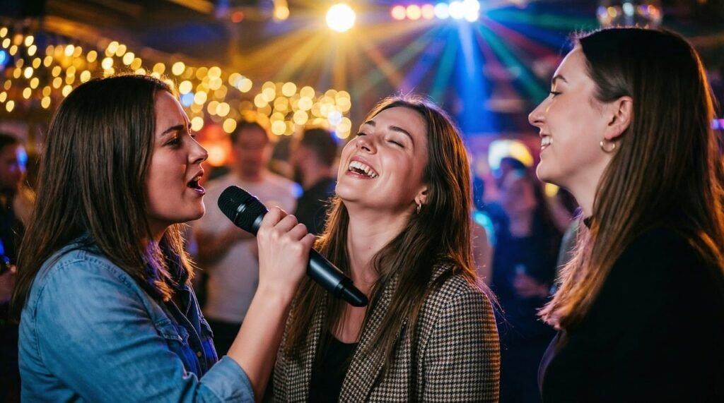 karaoke, singing, friends, party, celebration, nightlife, music, microphone, joy, laughing, girls, evening, fun, entertainmen