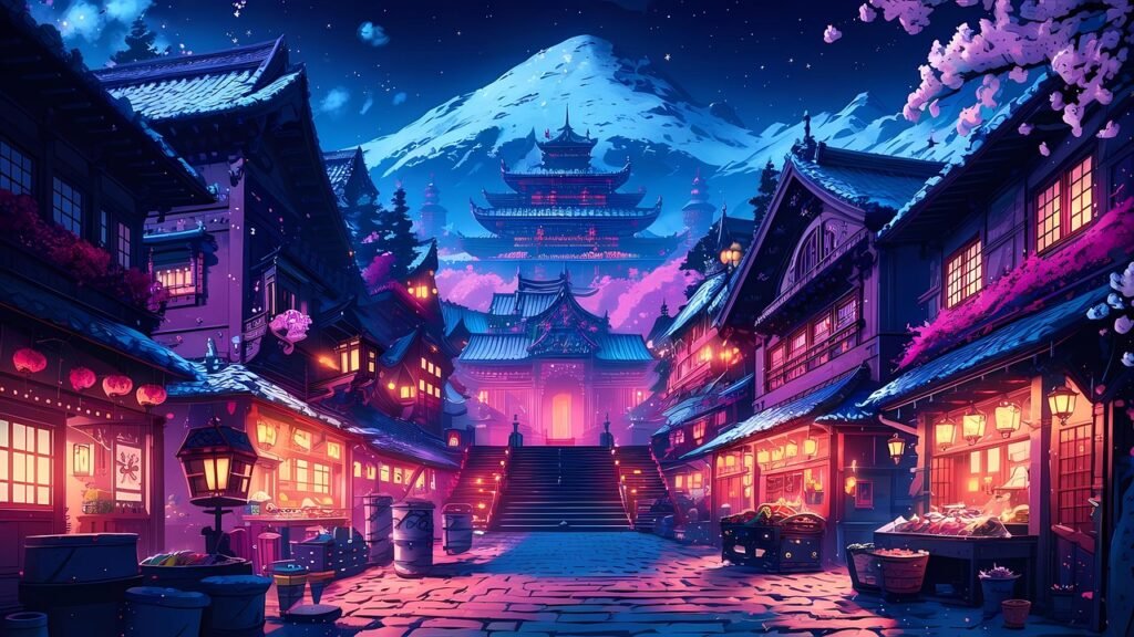 village, city, night, nightlife, anime, japan, thailand, asia, ai generated