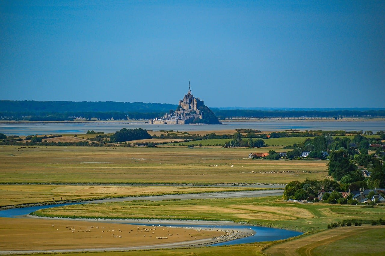 mont saint-michel, normandy, historic architecture, abbey, island community, medieval fortress, unesco world heritage, sheep,