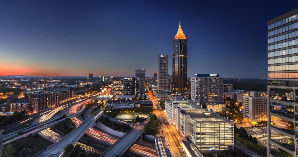 buildings, city, night, street, lights, modern, atlanta, skyline, georgia, downtown, cityscape, atlanta, atlanta, atlanta, at