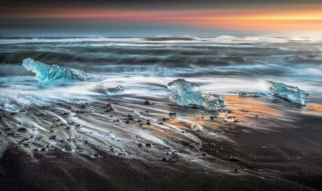 iceland, nature, beach, ice, frost, sunset, diamond, diamond beach, sea, landscape