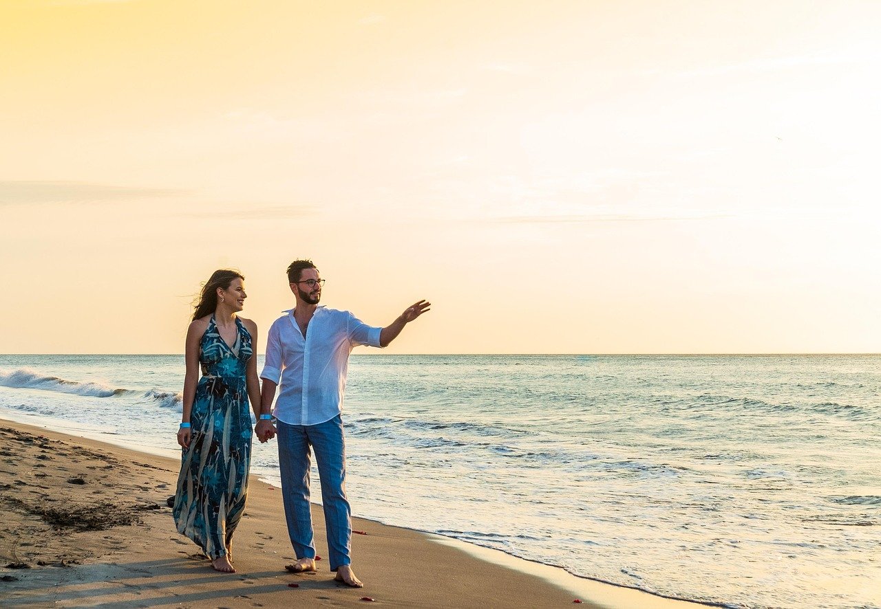 beach, couple, love, sunset, sea, coast, nature, seashore, marriage, together, romance, romantic, relationship, man, woman, h