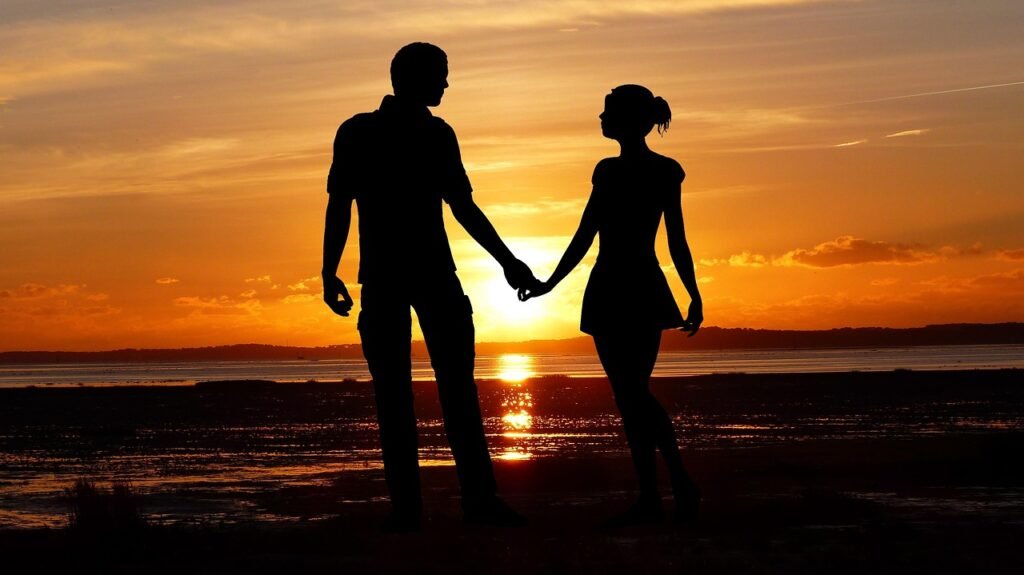 sunset, couple, in love, love, romance, people, romantic, beach, ocean, side, together, dusk, nature, holiday