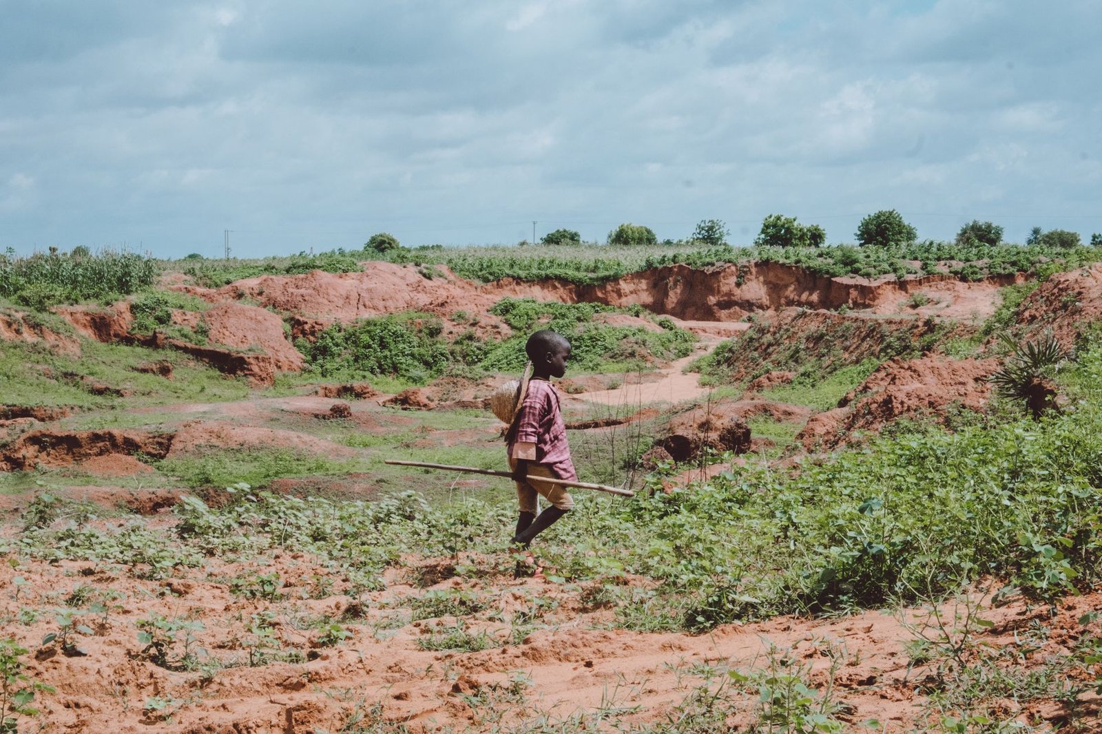 A child walks across a rural landscape holding a stick, showcasing natural earthy terrain.