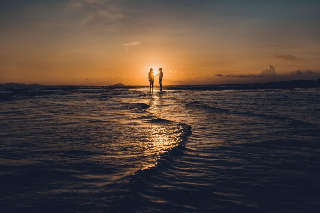 beach, couple, sunset, scenery, nature, landscape, sundown, twilight, dusk, romantic