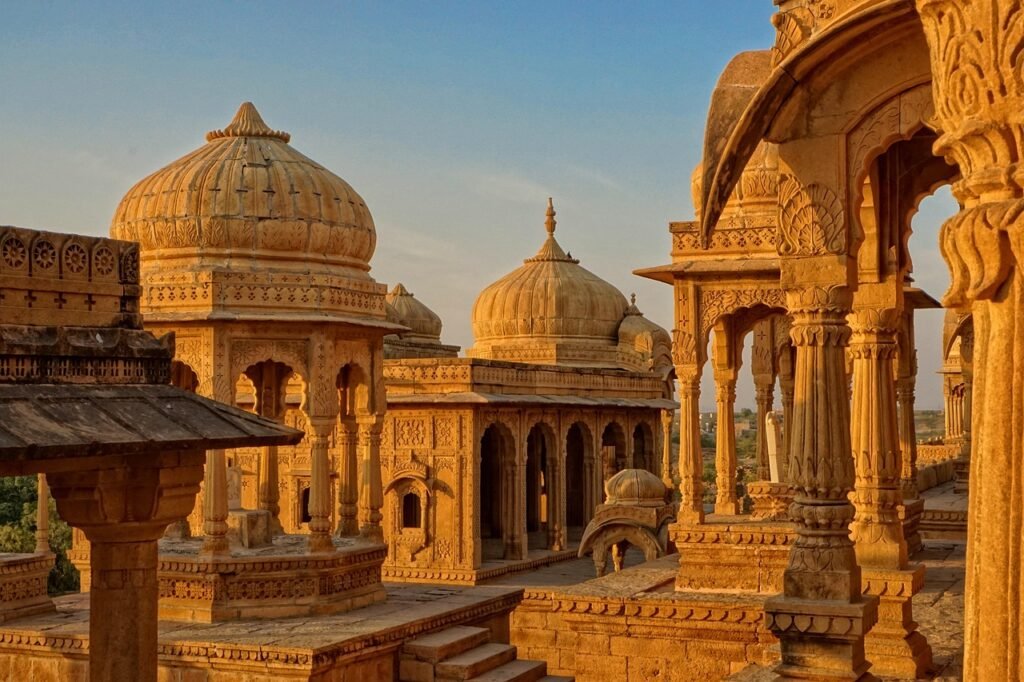 temple, building, golden hour, dome, bada bagh, cultural site, historical, architecture, travel, religion, dome roof, evening