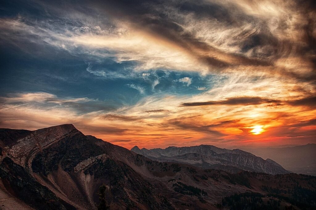 mountains, peak, sunset, sunrise, dusk, dawn, sun, sunlight, clouds, sky, golden hour, summit, landscape, mountain range, sce
