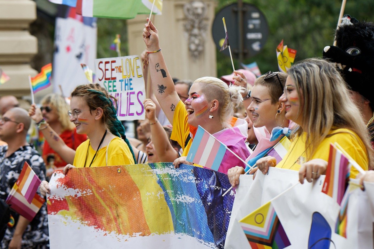 people, ladies, girls, colors, flags, advocacy, event, pride, parade, mark, the street, urban, town, community, cheerfulness,