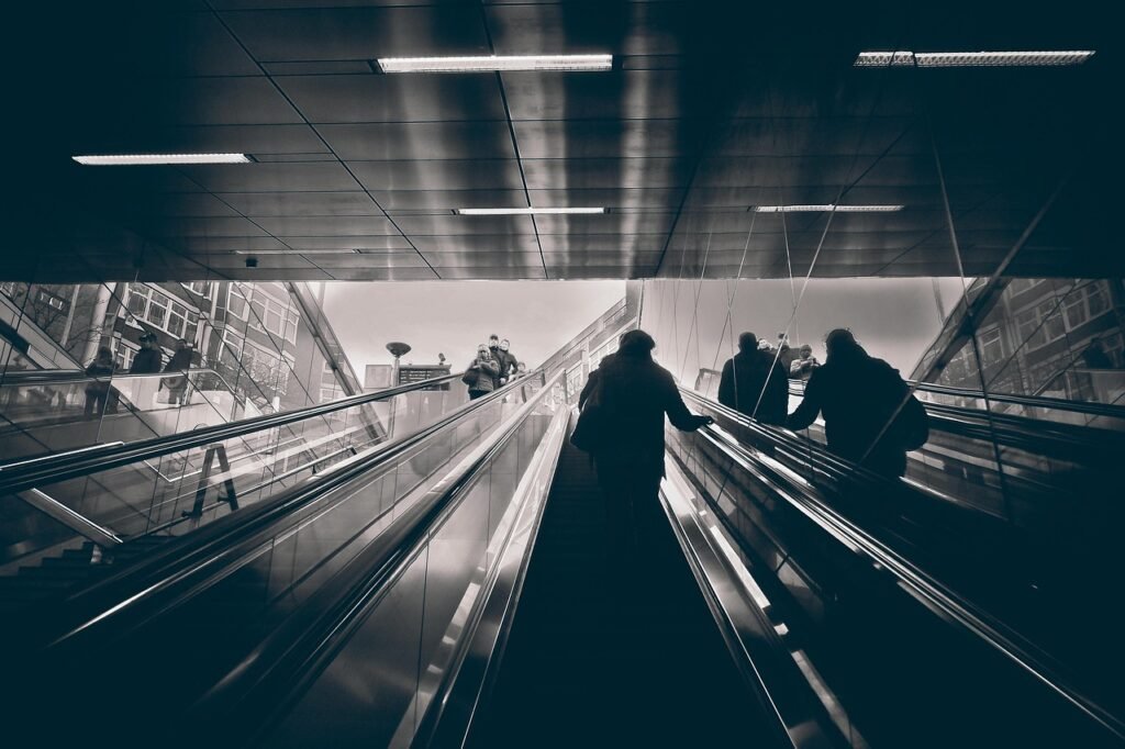 escalators, terminal, subway, station, stairs, architecture, urban, metro, modern, city, metal, move, underground, perspectiv