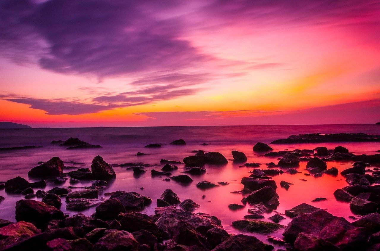 sunset, rocks, beach, dusk, twilight, horizon, afterglow, skyscape, seascape, rocky beach, rocky shore, ocean, sky, clouds, s