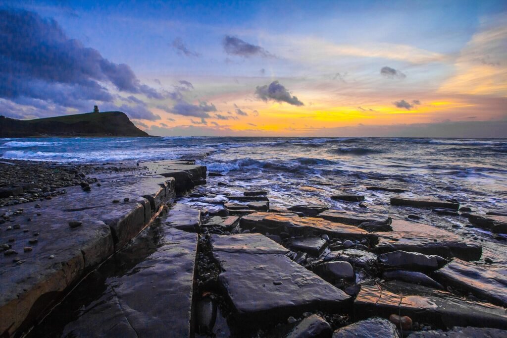 jurassic coast, sunset, ocean, dorset, beach, sea, horizon, dusk, twilight, sky, seascape, waves, ocean waves, rocks, nature,