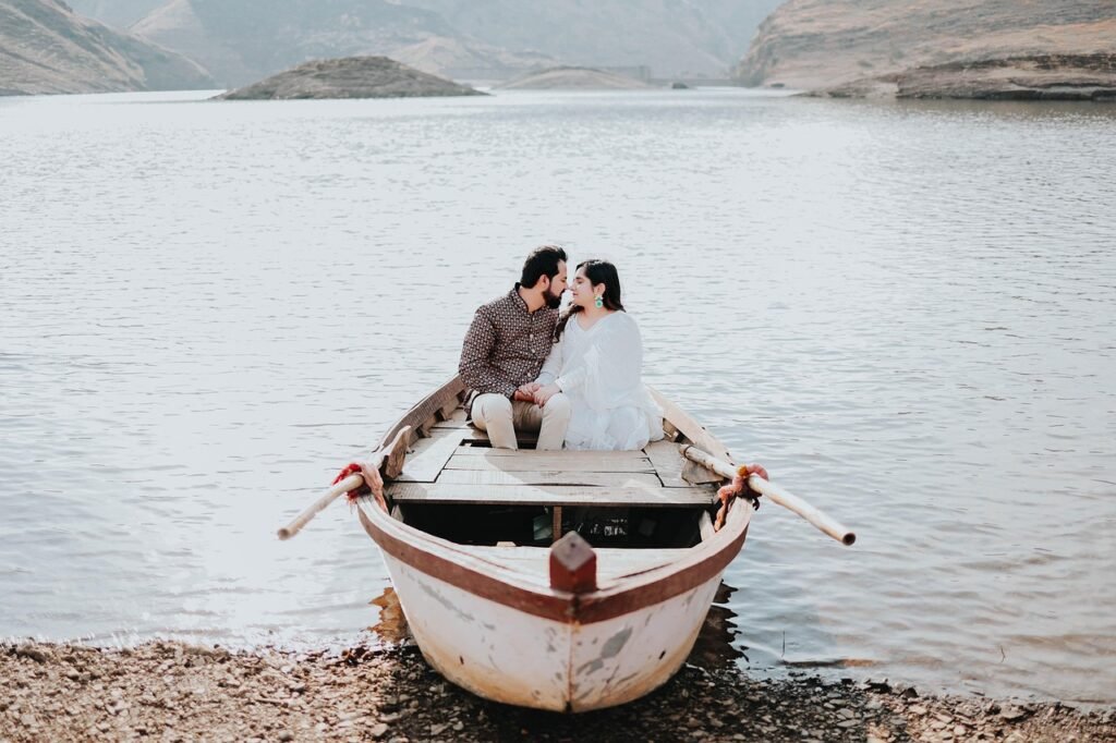 couple, boat, shore, nature, lake, coast, love, portrait