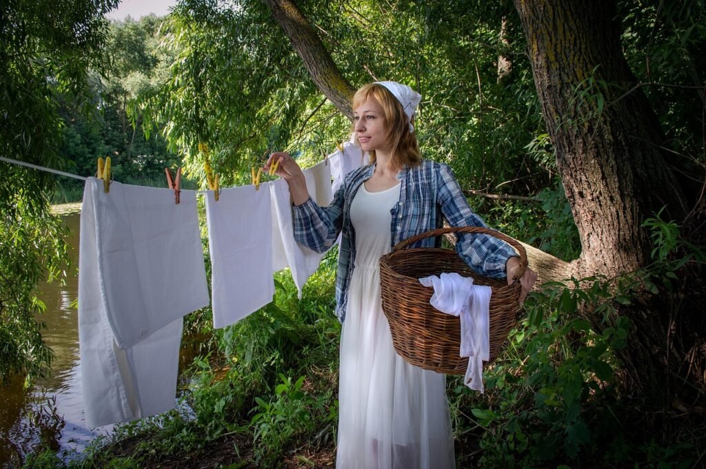 washing, woman, laundress, young woman, wash clothes, laundry, photosession, river, pond, clean, village, landscape, nature,