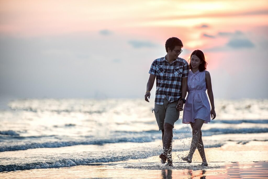 happy valentines day, couple, holding hands, beach, lovers, affection, walk, walking, together, walking together, asian coupl