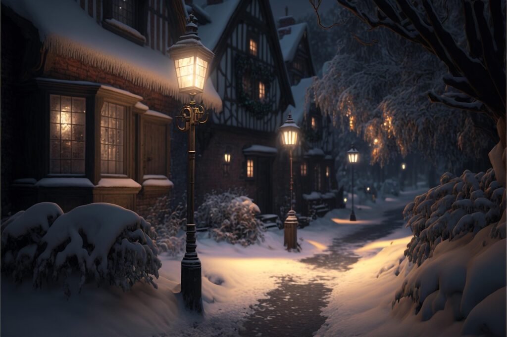 snowy, night, village, street, lamps, winter, landscape