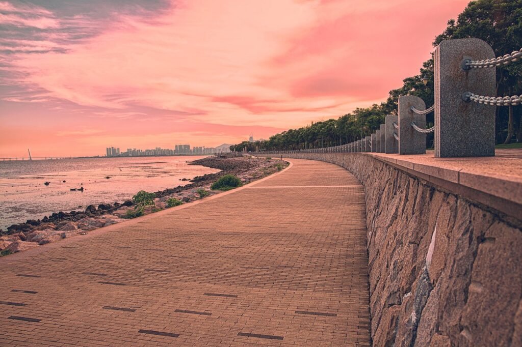 seaside promenade, pavement, beach, nature, park, shenzhen bay, sunset glow, sunset, twilight, skyline, urban