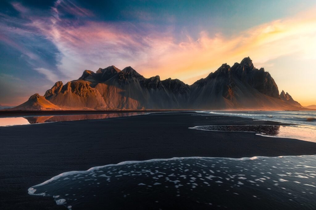beach, volcano, ocean, sunset, sunrise, iceland, vestrahorn, stoksness, black sand, waves, nature, sky, clouds, landscape, be