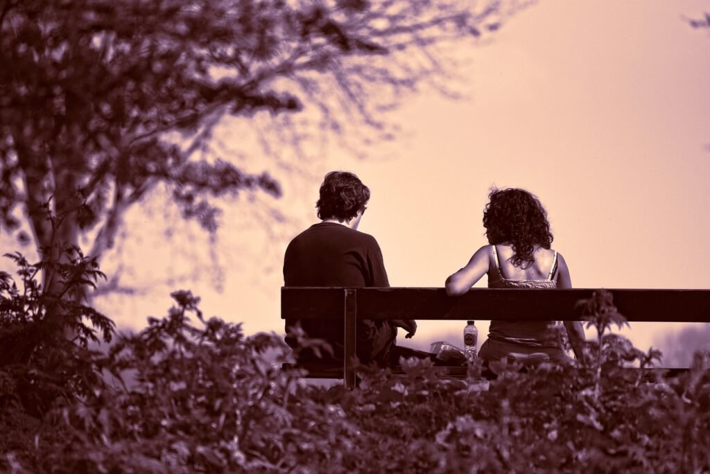 person, people, man, woman, nature, together, two, two people, couple, sitting, bench, relaxing, resting, tree