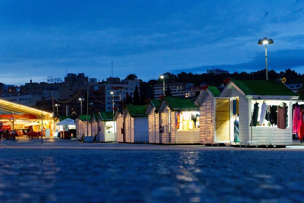 city, street stalls, night, evening