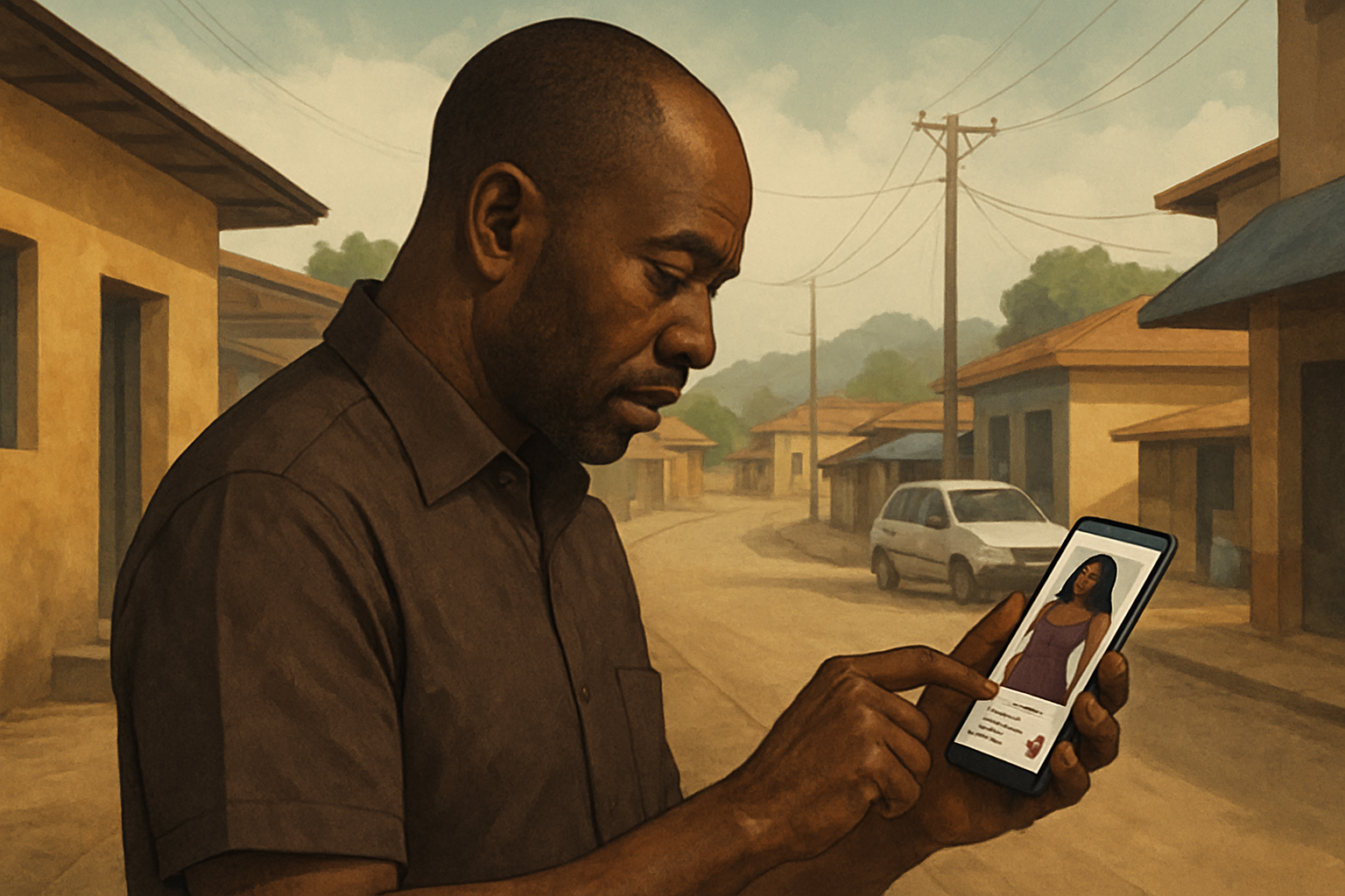 Adult visitor discreetly reviewing a companionship profile on a phone in Tarkwa