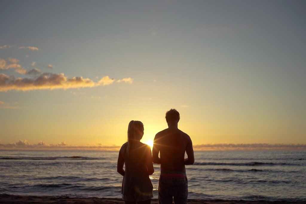 couple, sunset, beach, silhouettes, couple silhouette, nature, pair, together, relationship, sea, ocean, water, outlook, sunr