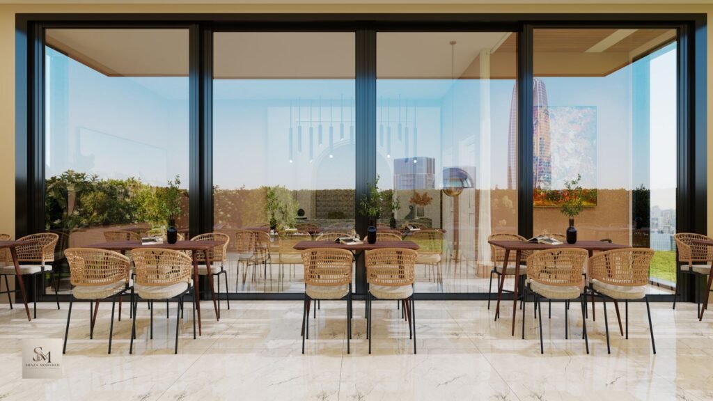 Chic outdoor café featuring wicker chairs and glass facade, offering a serene dining experience.