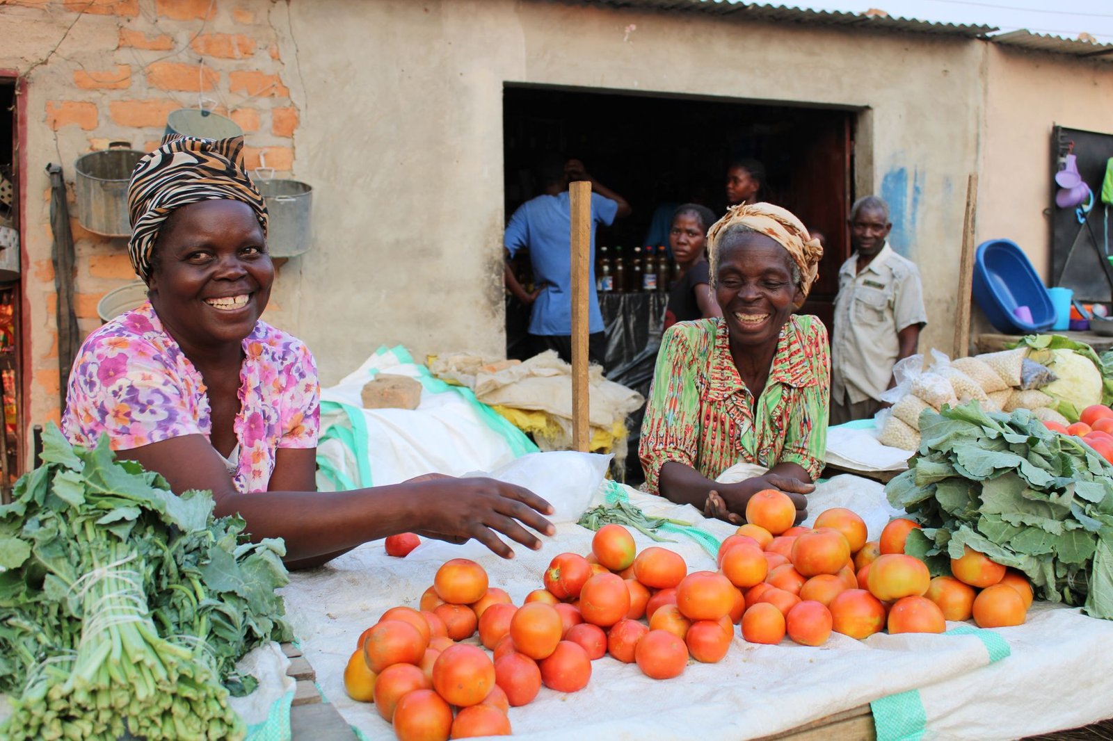 Two women selling fresh produce at a vibrant market stall in Nangoma, Zambia, showcasing local culture.