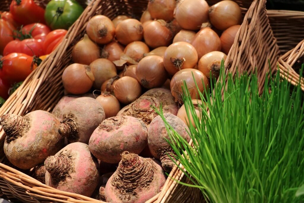 vegetables, fruit, paprika, onion, street vendor, fruit stand, market, street market, cook