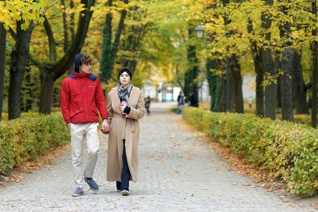 couple, happy, romantic, nature, walking, park, the autumn, season, outdoor, pair, together, trees
