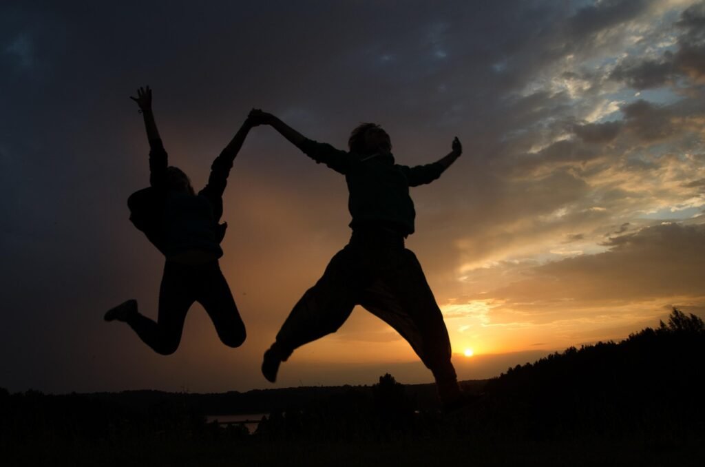 jump, silhouettes, happy, people, night, freedom, nature, action, girls, life, outdoor