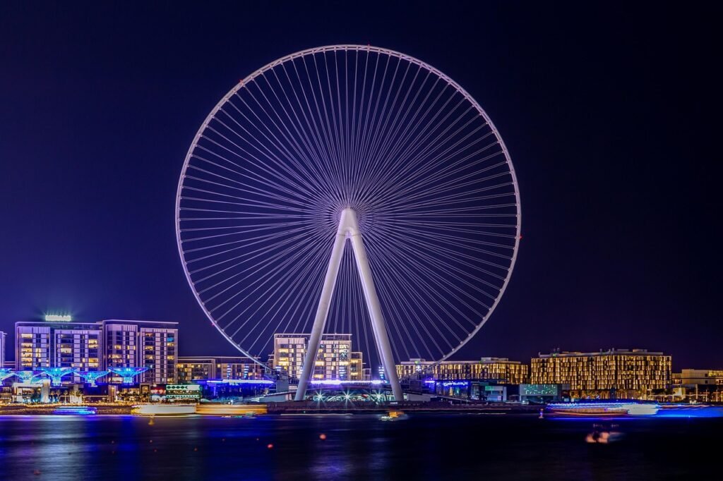 ferris wheel, landscape, dubai, u a e, night, lights, architecture, lighting, skyline, large, cityscape, round, water, sea, p
