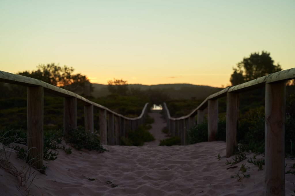 A quiet shoreline walkway in a coastal town during the late afternoon
