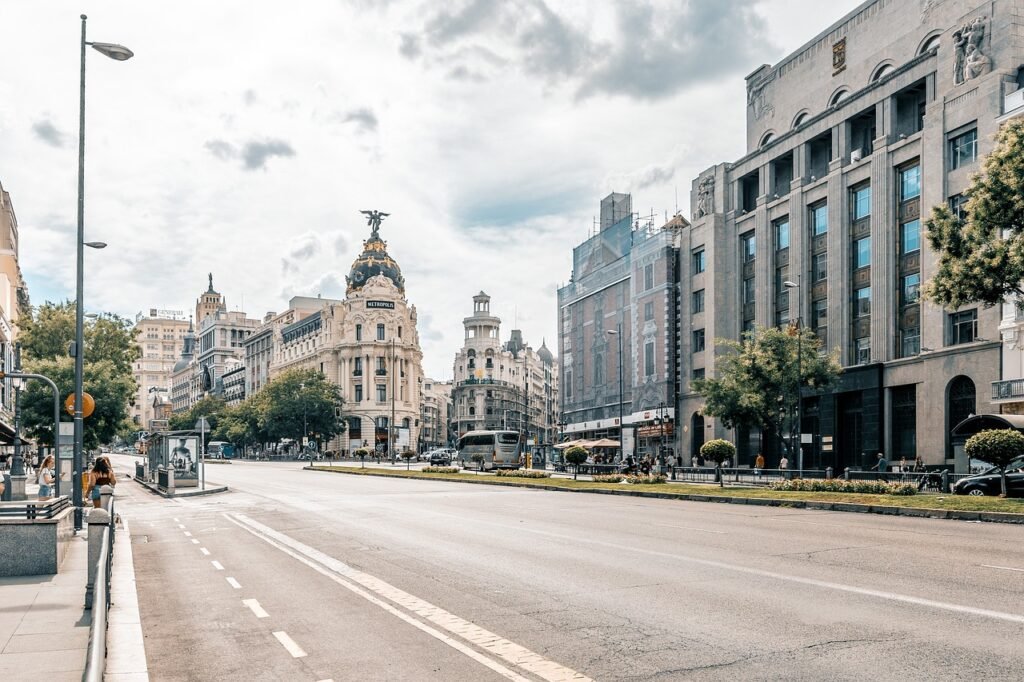 madrid, city, road, nature, sky, clouds, building, urban, capital, street, cars
