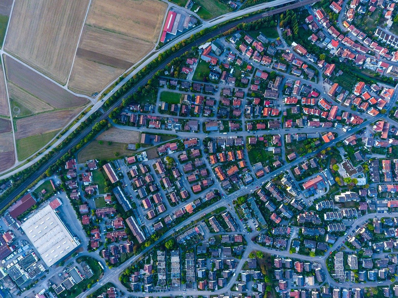 aerial view, houses, village, road, street, buildings, aerial photography