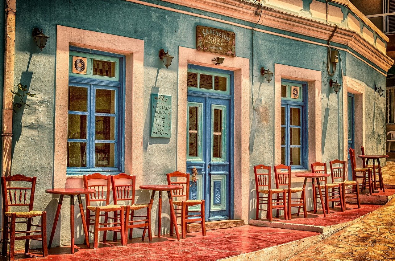 cafe, building, greece, karpathos island, facade, architecture, chairs, tables, front, windows, nature, door, restaurant, emp