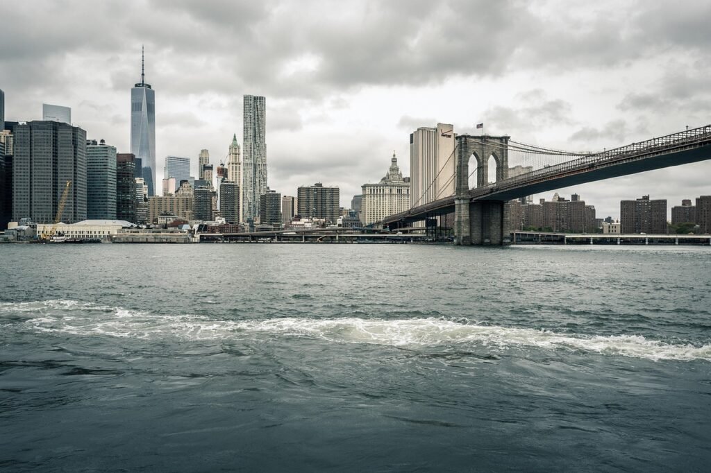 new york, brooklyn bridge, nyc, city, manhattan, architecture, america, cityscape, sky, landmark, east river, water, tourism,