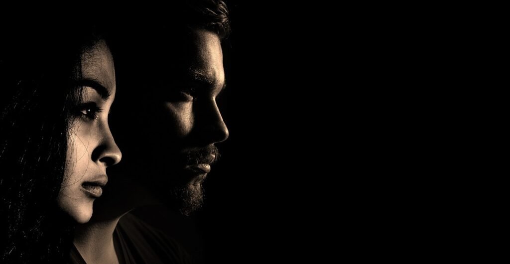 man, woman, composing, dispute, thoughtful, problems, concerns, silhouette, separation, emotion, view, facial expression, fac