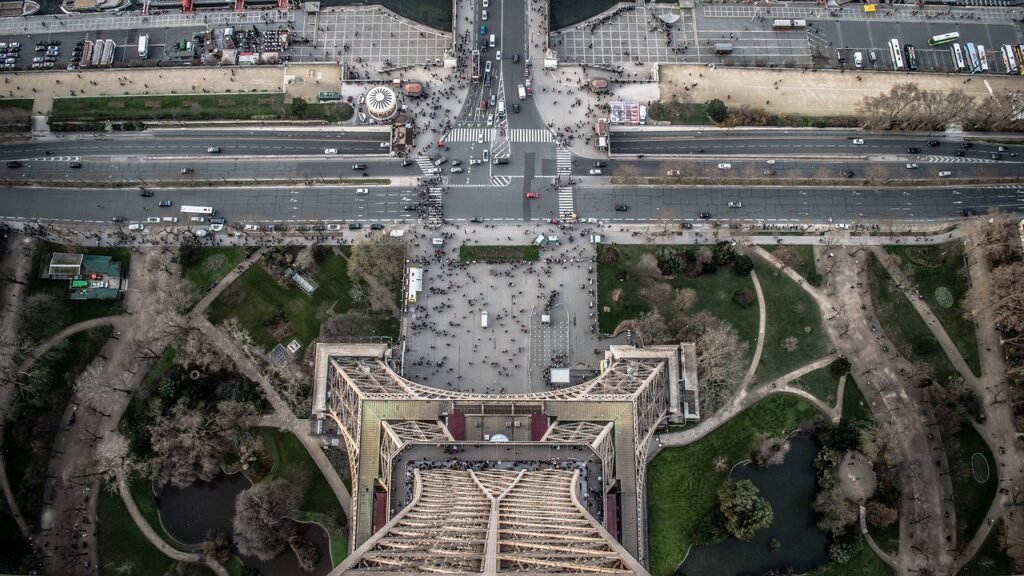 architecture, eiffel tower, streets, perspective, tower, paris, city, landmark, road, street, traffic, urban, altitude, high,