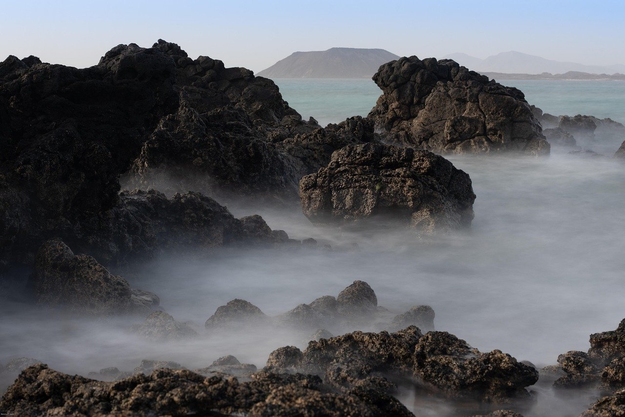 coast, sea, fog, rocky, rocky coast, rocks, mist, seaside, ocean, scenic, nature, fuerteventura, spain, seaside, spain, spain