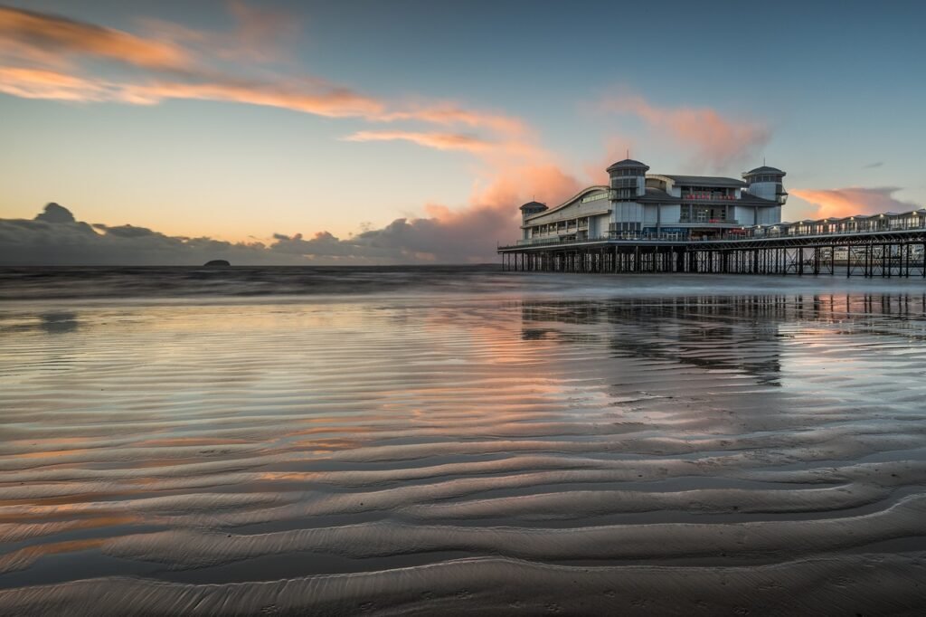 pier, sunset, coast, weston, nature, sea, reflections