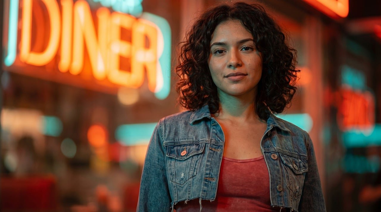 woman, neon light, night, city, street, fashion, style, denim jacket, urban, casual, beautiful, lifestyle, elegant, youth, cu